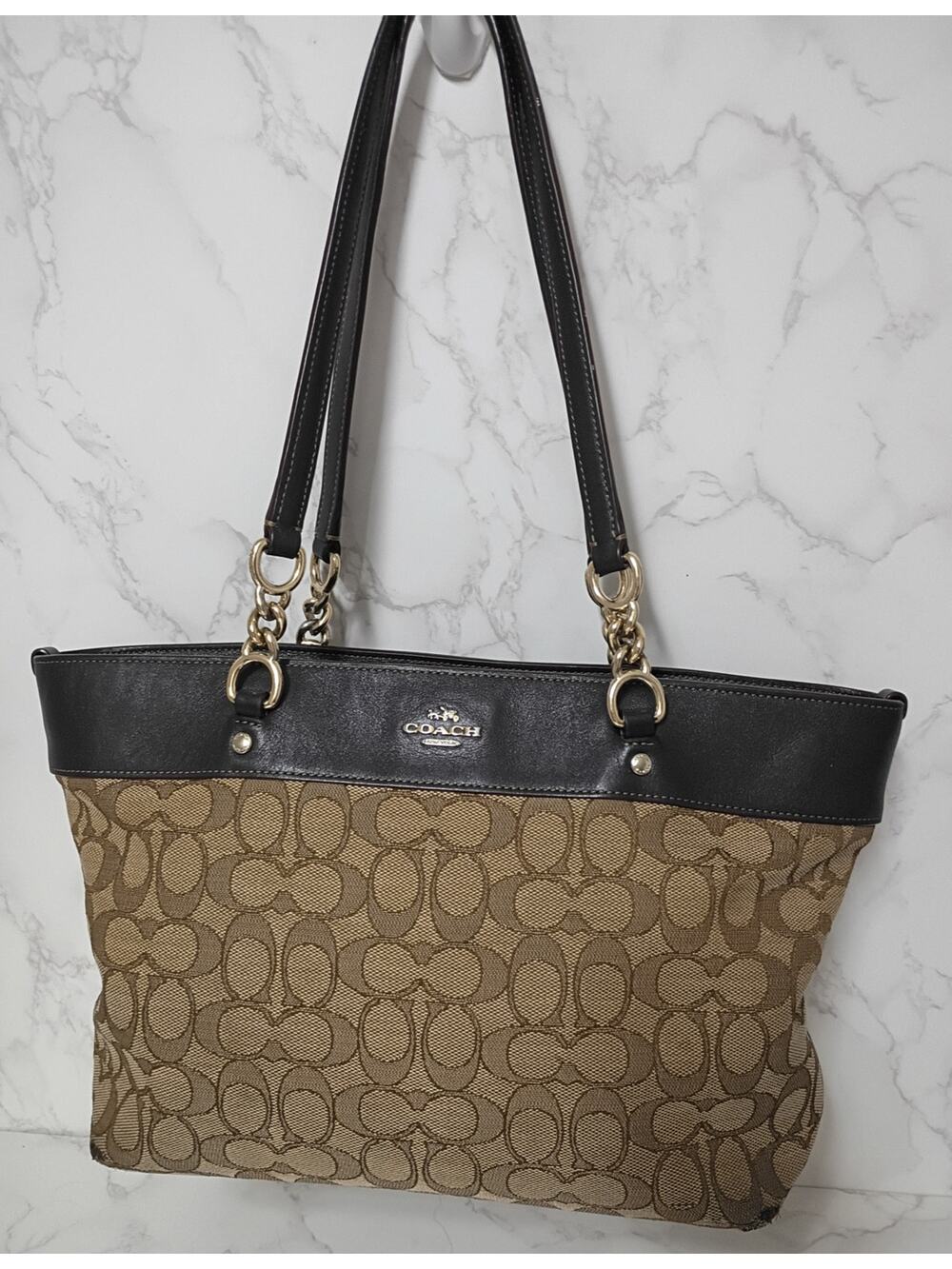 COACH Sophia Brown Signature Jacquard Canvas & Brown Leather Tote Bag w/ COA